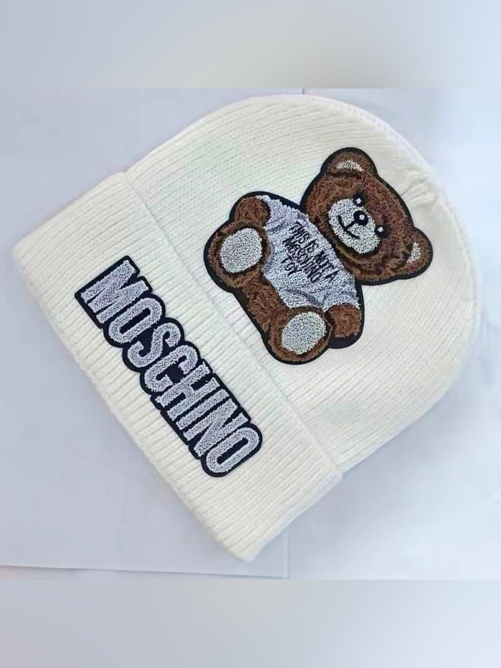New designer inspired Graphic Beanie in Cream & Brown
